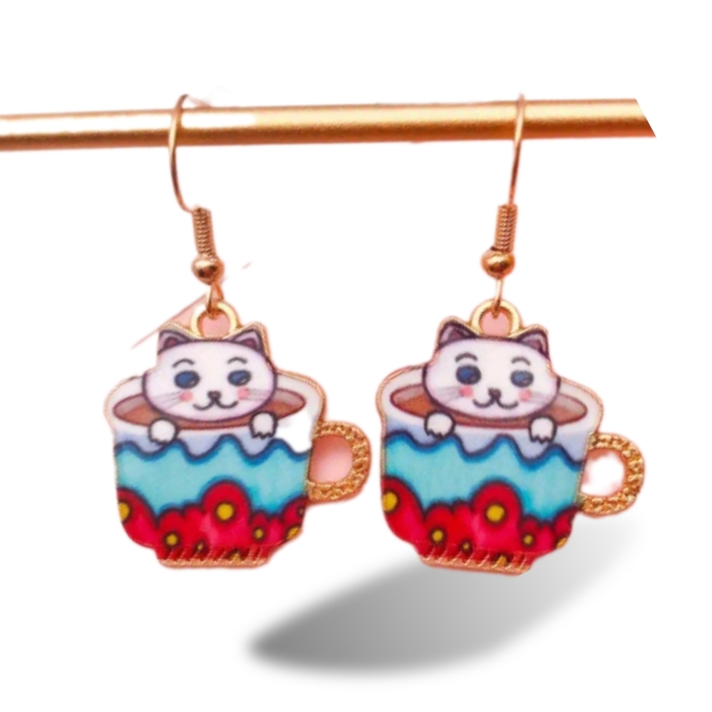 Kitty Cat in Cup Earrings